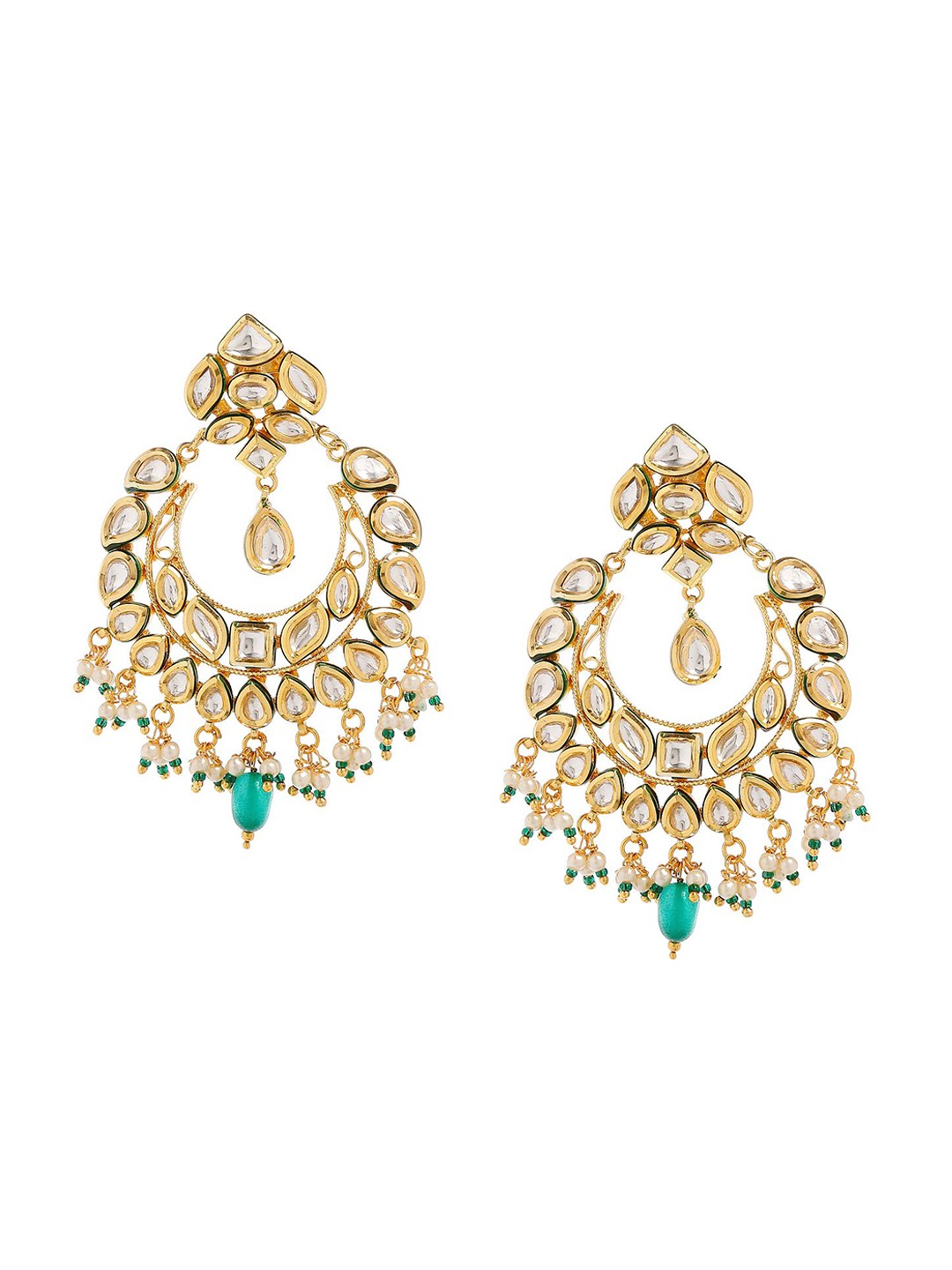 

Bamboo Tree Jewels Gold-Plated White & Green Kundan Studded & Pearls Chandbalis Earrings