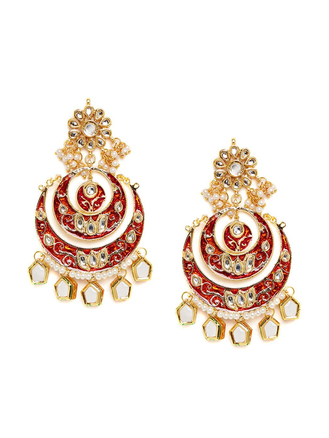 

Bamboo Tree Jewels Red & Gold-Toned Crescent Shaped Gold Plated Chandbalis Earrings