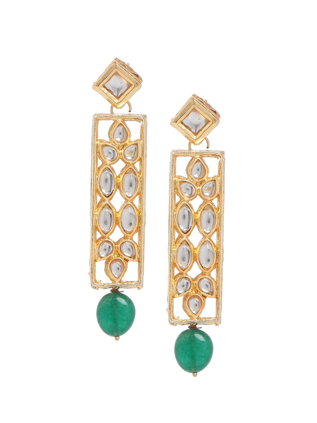 

Bamboo Tree Jewels Gold-Plated & Green Kundan Contemporary Drop Earrings