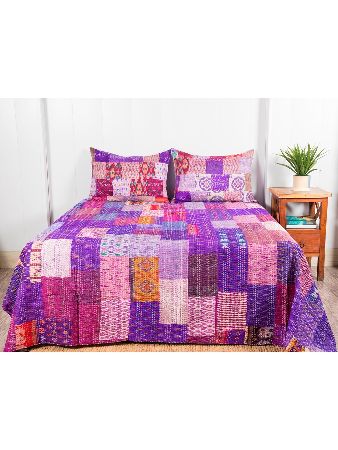 

HANDICRAFT PALACE Purple Patchwork Silk Double Bed Cover with 2 Pillow Cover