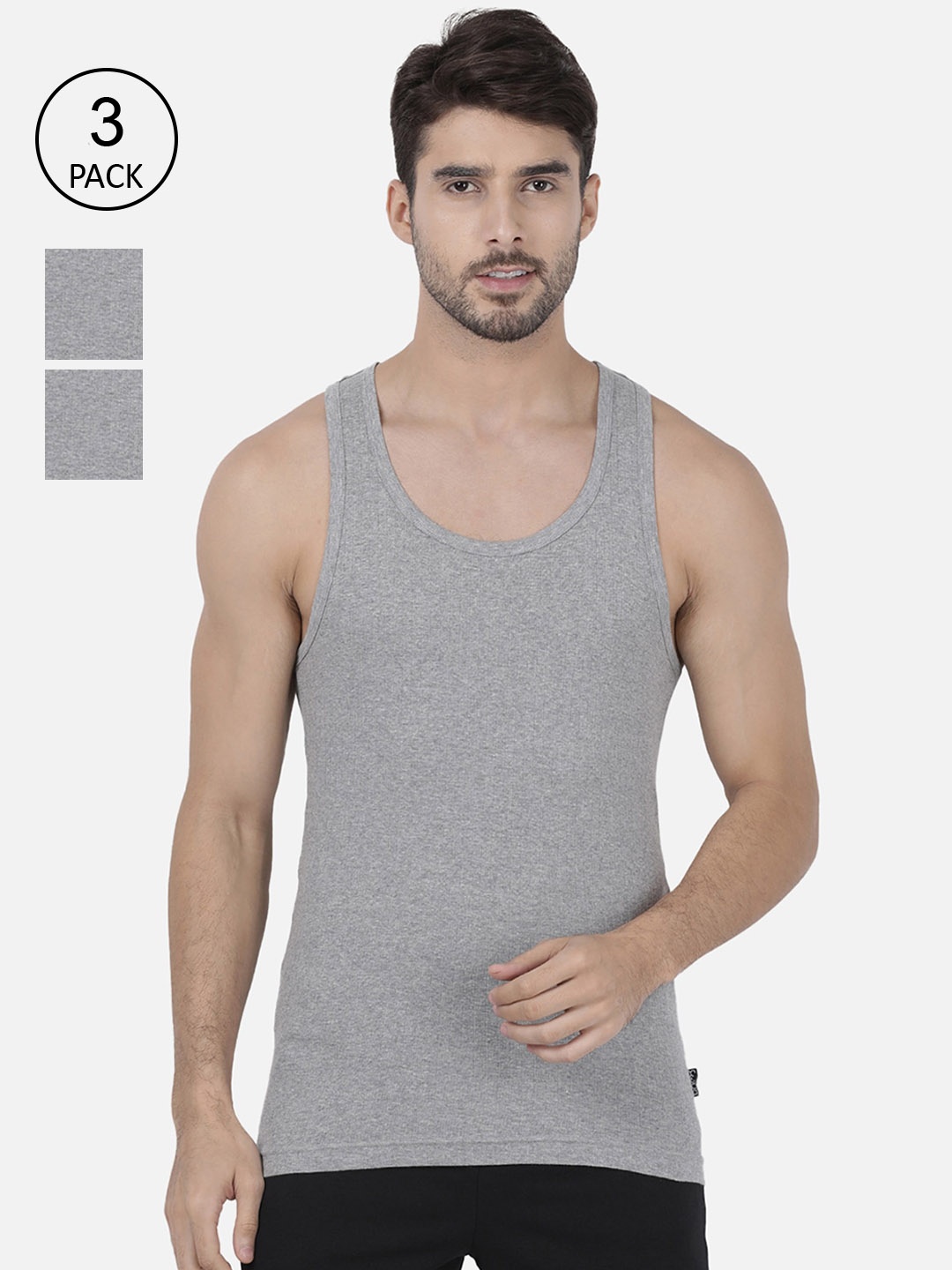 

one8 by Virat Kohli Men Pack Of 3 Grey Melange Solid Cotton Innerwear Vests