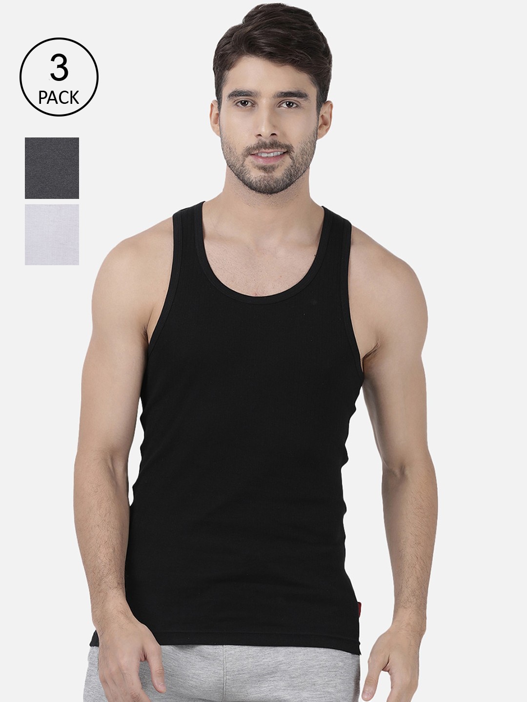 

one8 by Virat Kohli Men Pack Of 3 Solid Pure Cotton Innerwear Vests, Black