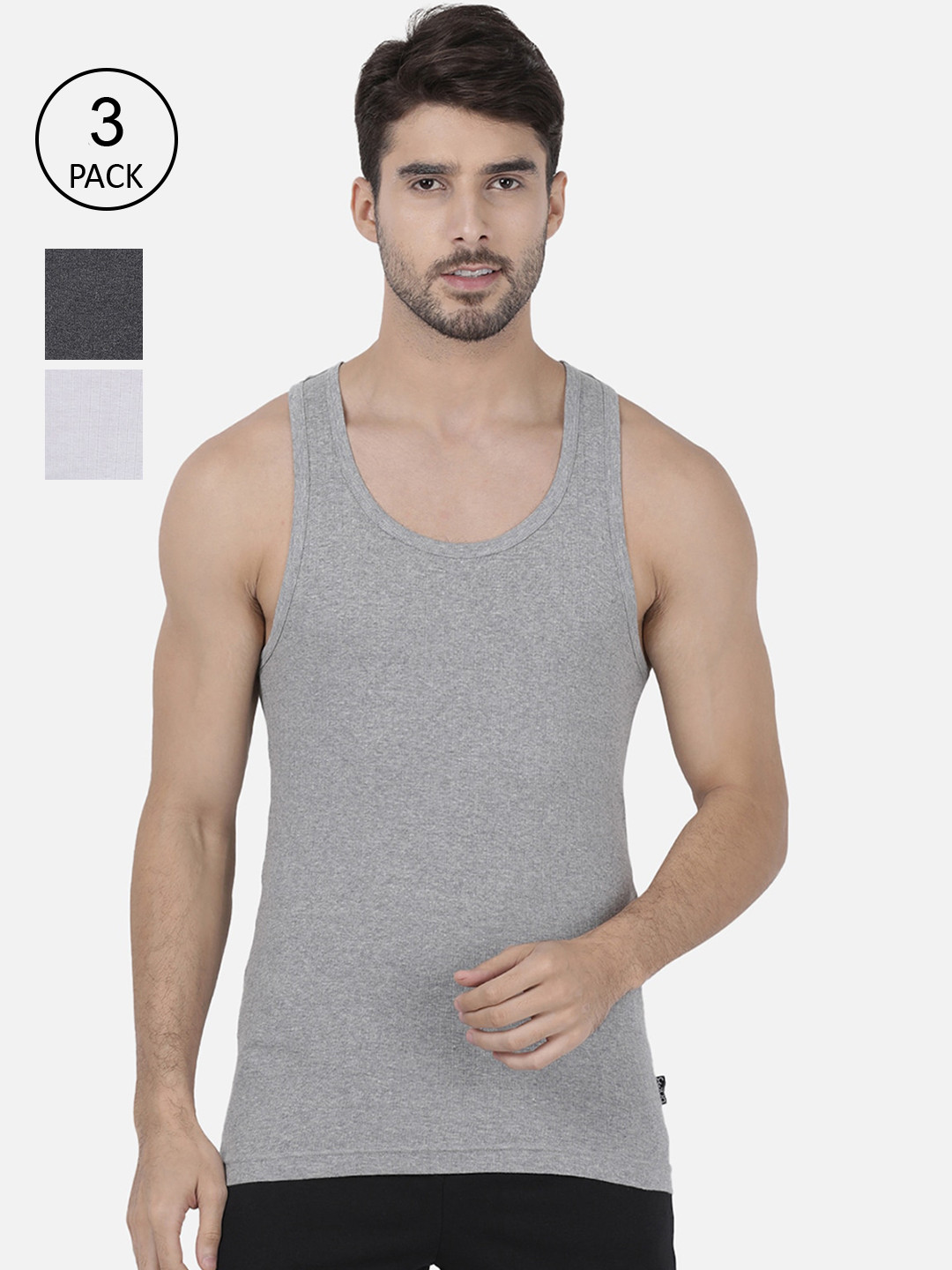 

one8 by Virat Kohli Men Pack Of 3 Grey Melange Solid Cotton Gym Vests