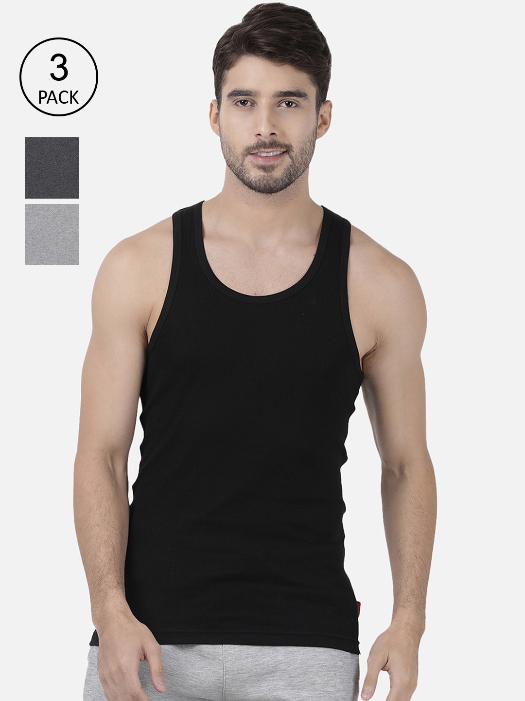 

one8 by Virat Kohli Men Pack Of 3 Solid Pure Cotton Innerwear Vests, Black