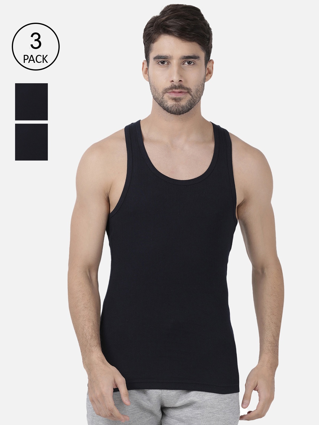 

one8 by Virat Kohli Men Pack Of 3 Navy-Blue Solid Combed Cotton Gym Vests