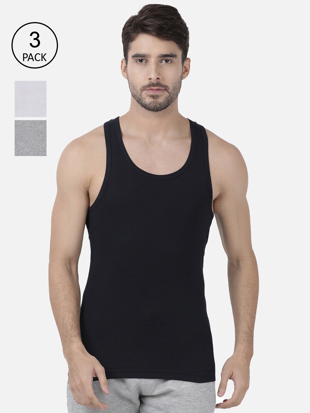 

one8 by Virat Kohli Men Pack Of 3 Solid Super Combed Cotton Innerwear Vests, Navy blue