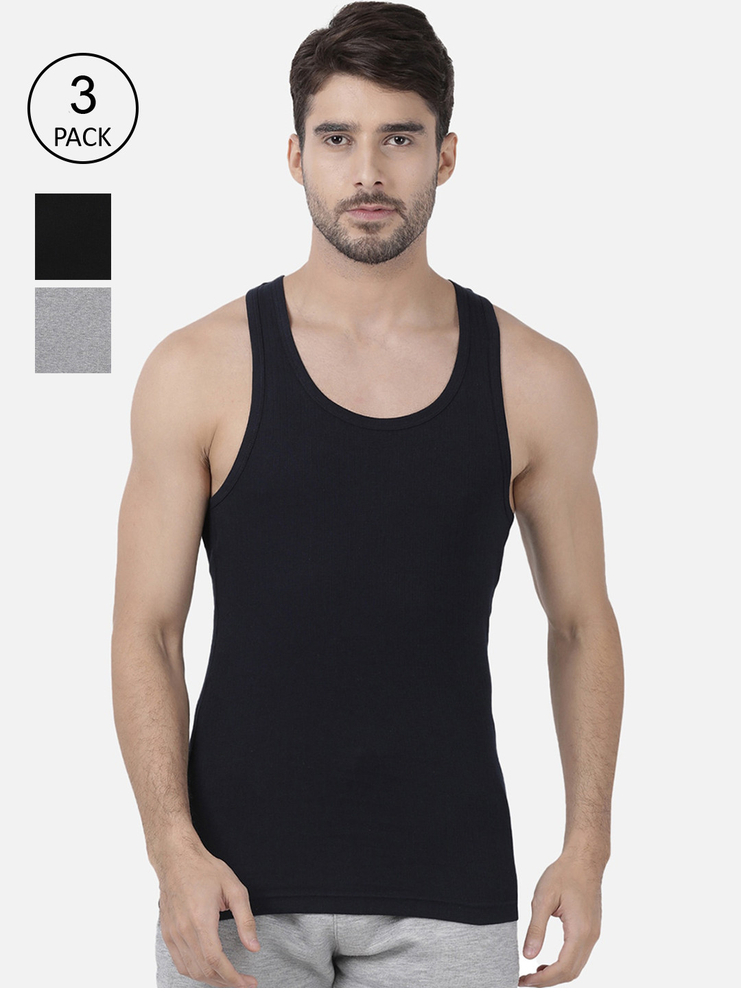 

one8 by Virat Kohli Men Pack Of 3 Solid Combed Cotton Innerwear Vests, Navy blue