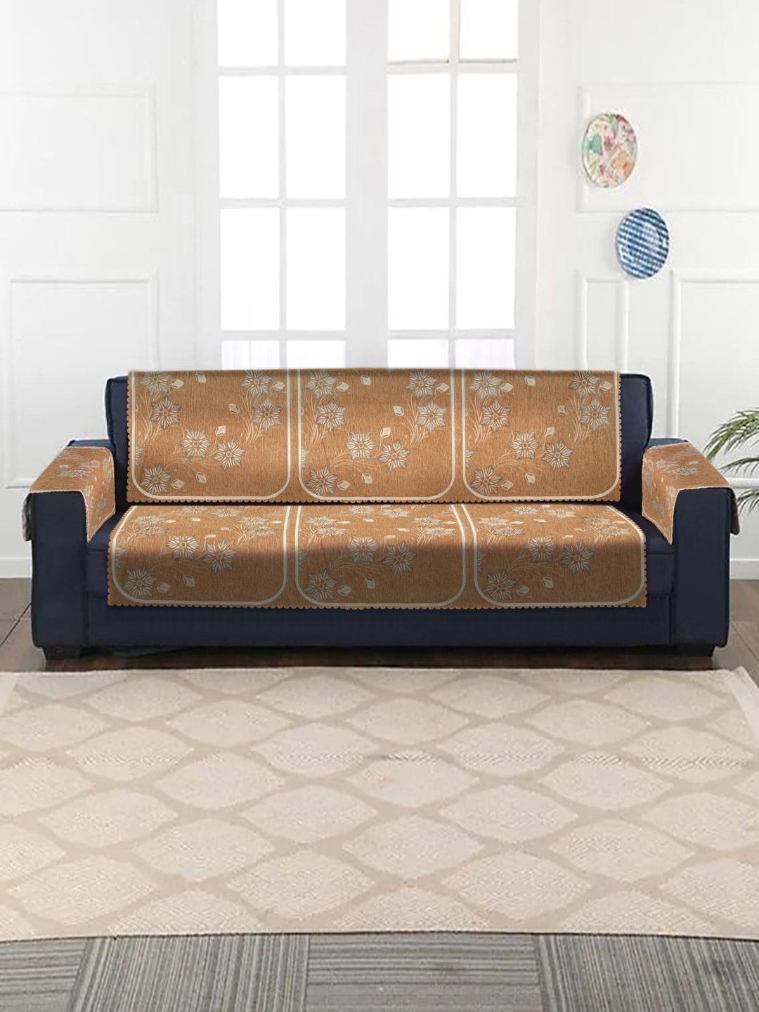 

HOSTA HOMES Beige 4-Pieces Jacquard Velvet 3 Seater Sofa Cover