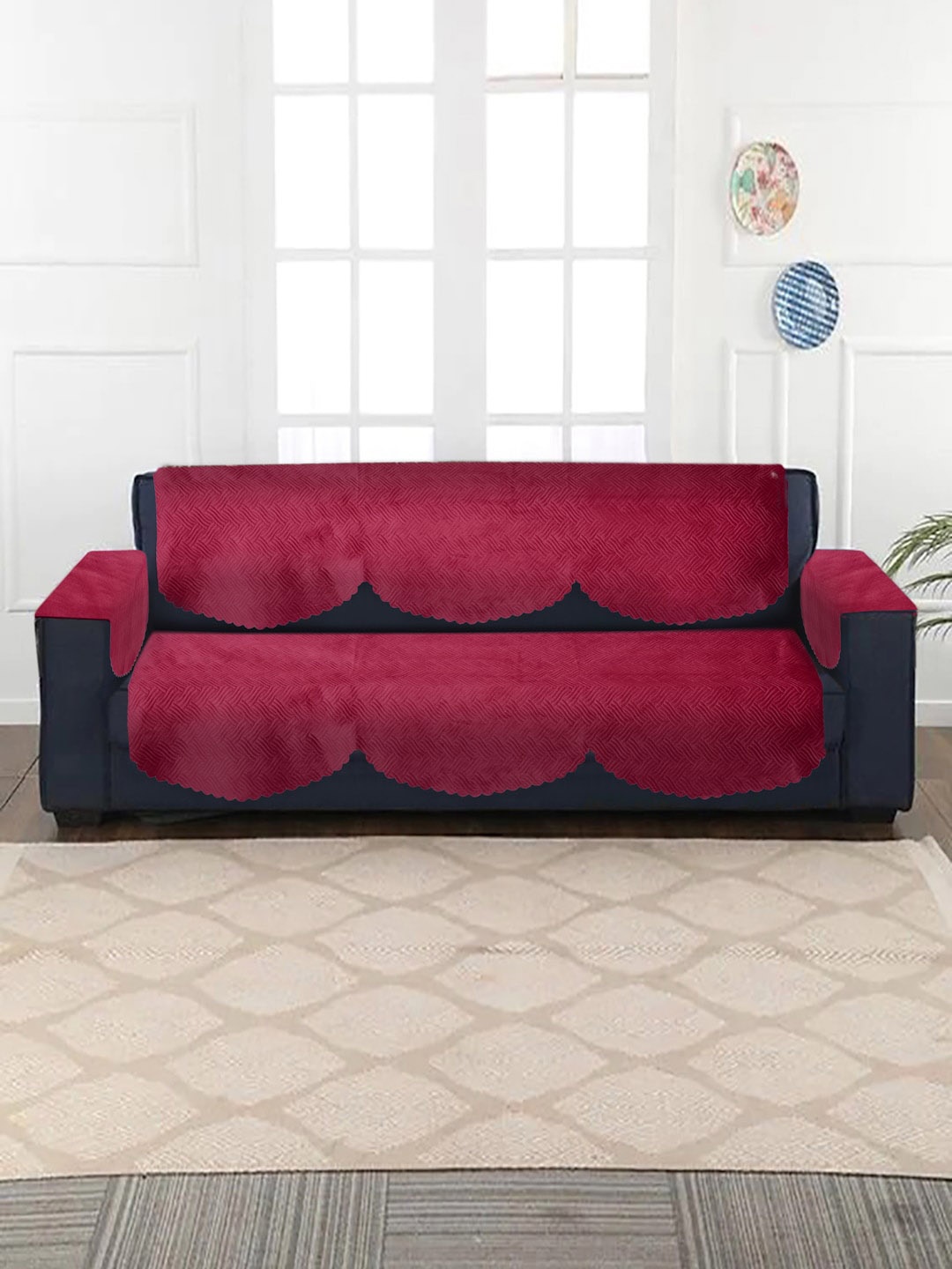 

HOSTA HOMES 4 Pieces Maroon Solid Velvet 3 Seater Sofa Cover