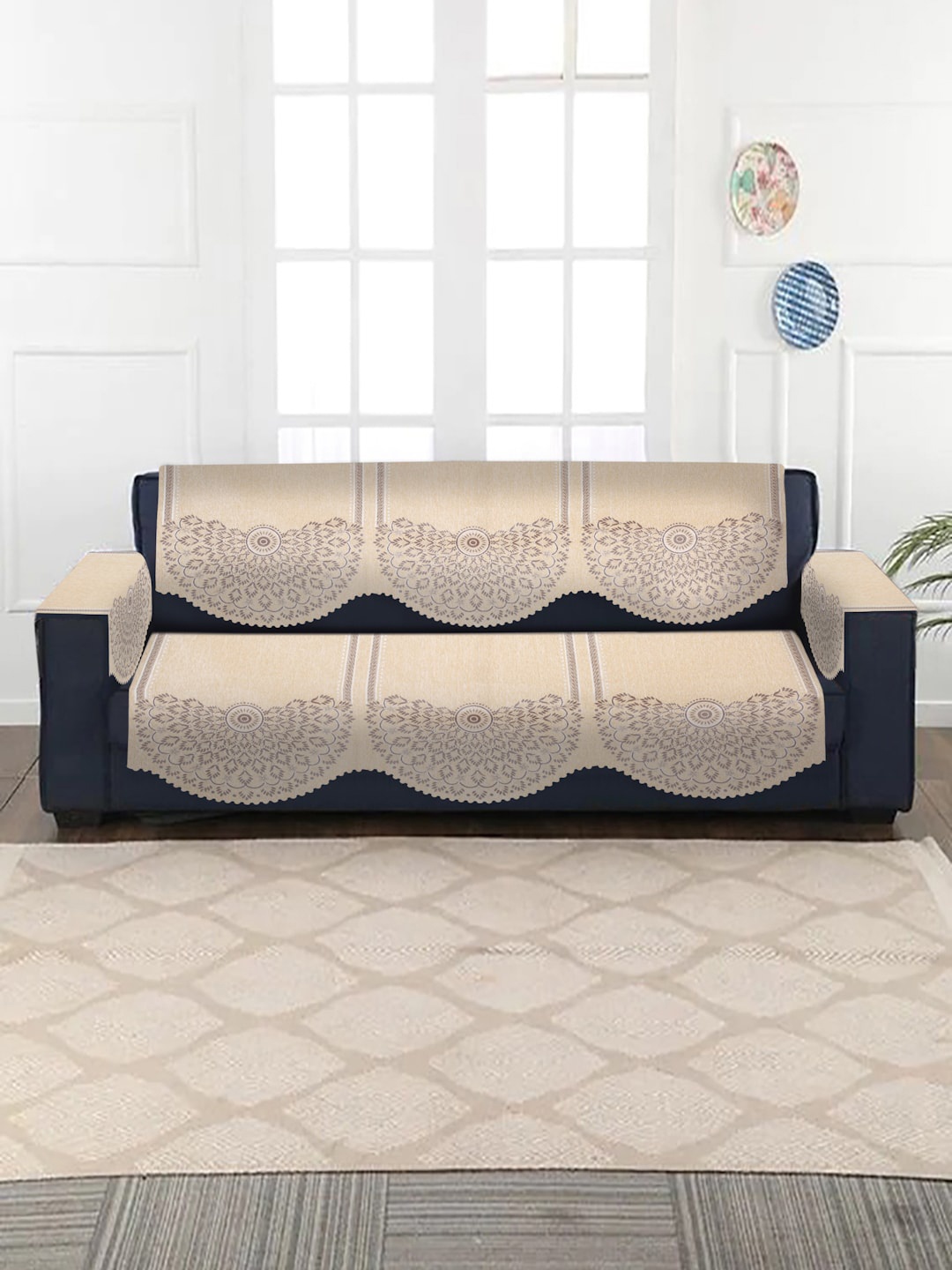 

HOSTA HOMES Beige Ethnic Motifs Jacquard Velvet Set Of 3 Seater Sofa Cover