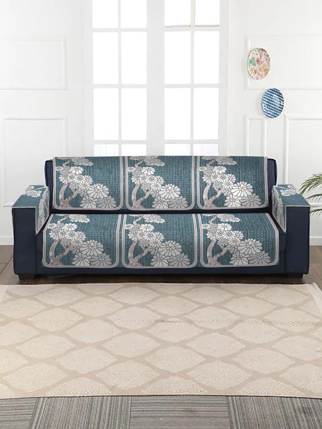 

HOSTA HOMES Blue 4-Pieces Jacquard Velvet 3 Seater Sofa Cover