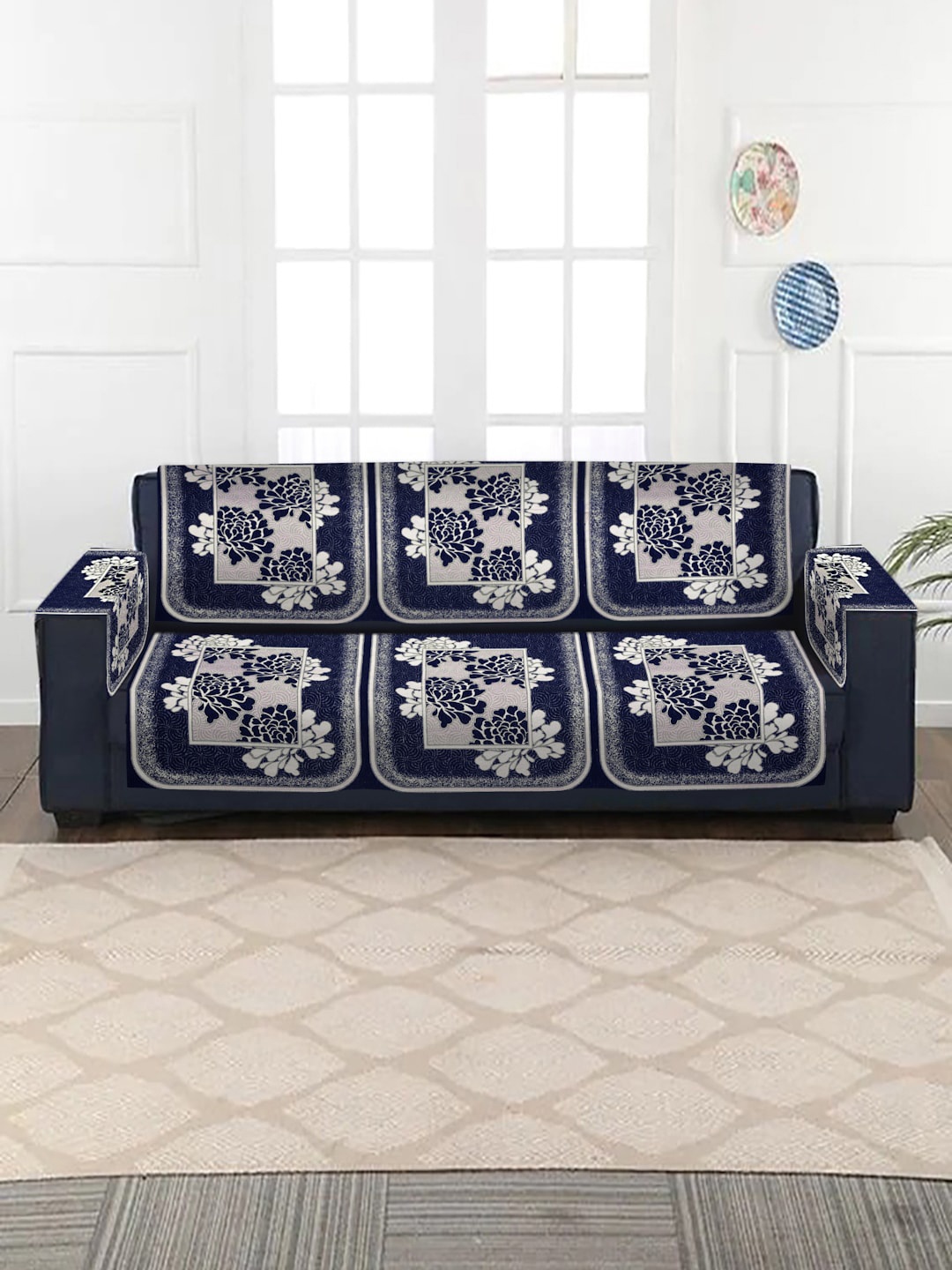 

HOSTA HOMES Navy Blue Self Design Jacquard 3 Seater Sofa Cover