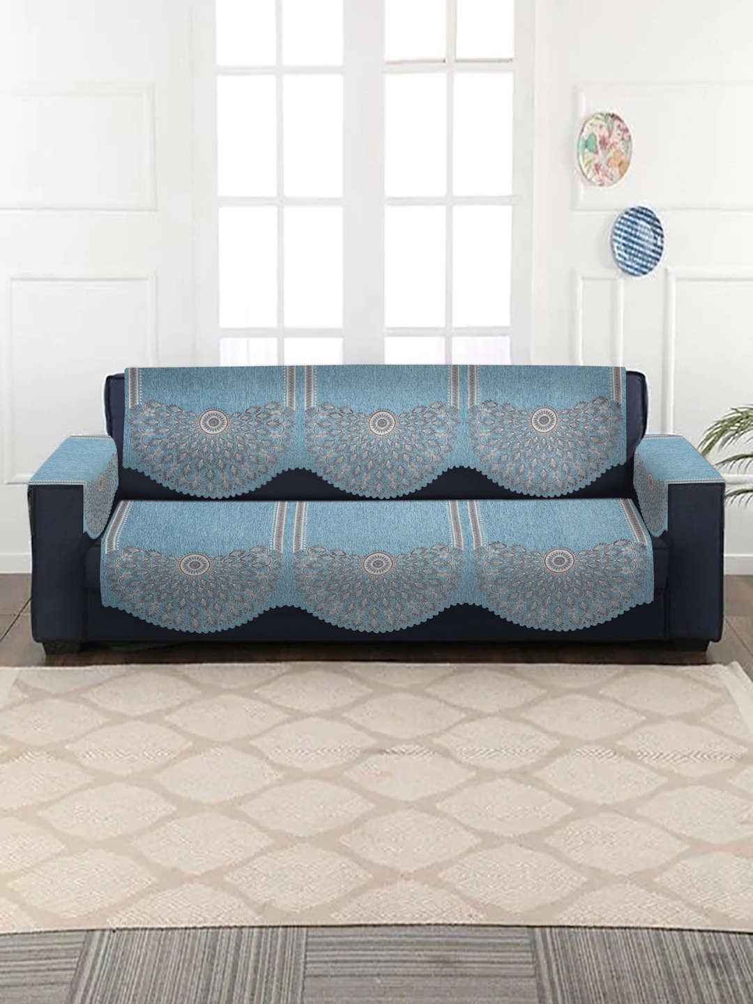 

HOSTA HOMES Blue Self Design Jacquard 3 Seater Sofa Cover