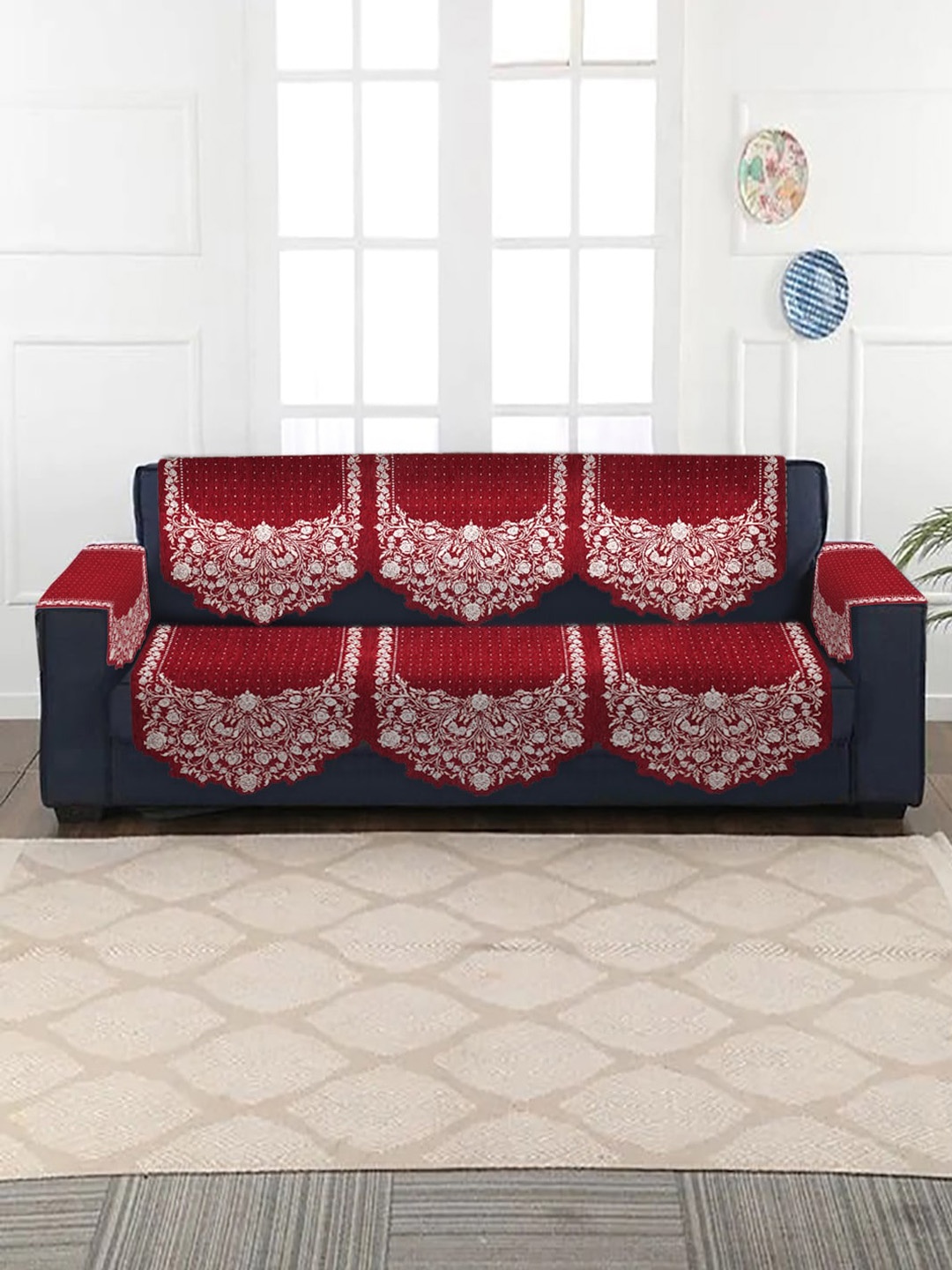

HOSTA HOMES 4 Pieces Red & White Self Design Velvet 3 Seater Sofa Cover