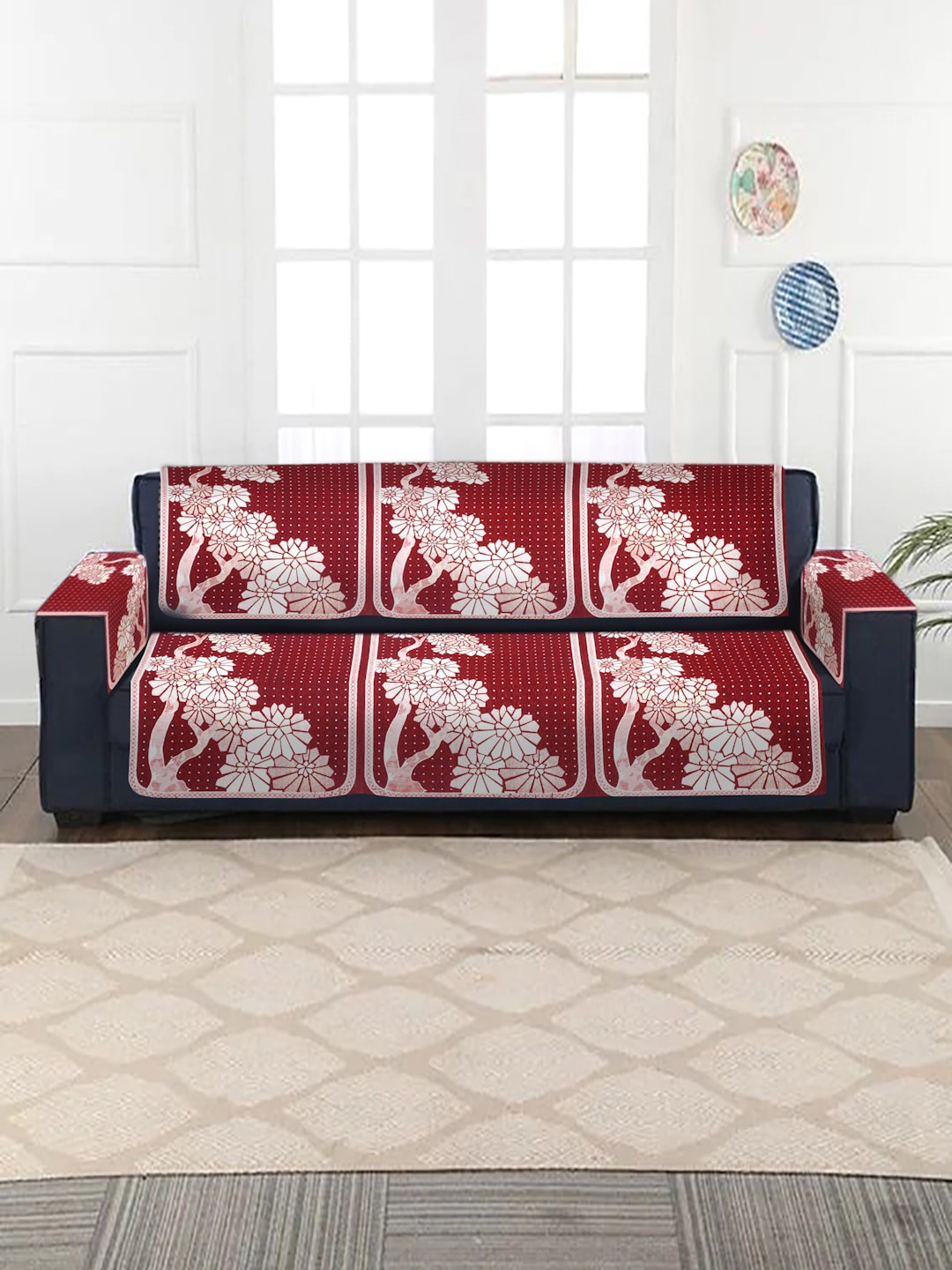 

HOSTA HOMES Set Of 8 Red & White Self Design Velvet Three Seater Sofa Cover
