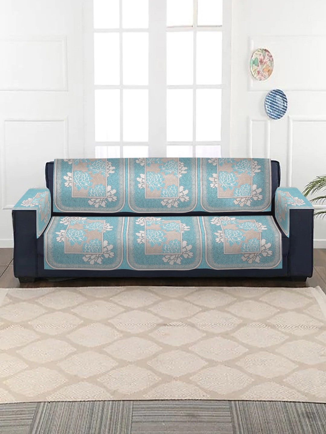 

HOSTA HOMES Blue Floral Jacquard Velvet Quilted 3 Seater Sofa Cover