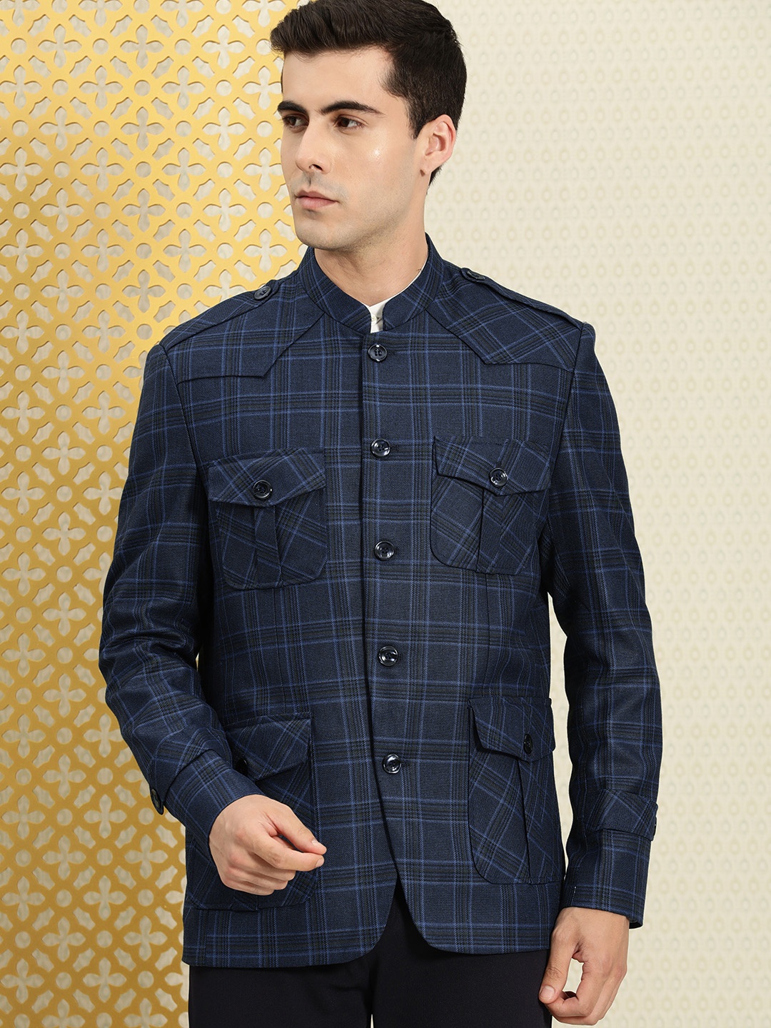 

House of Pataudi Men Jashn Mandarin Collar Checked Bandhgala Blazer, Navy blue