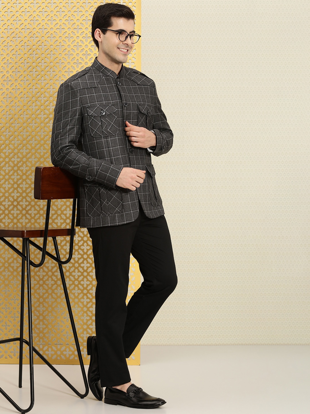 

House of Pataudi Jashn Mandarin Collar Checked Bandhgala Blazer, Charcoal