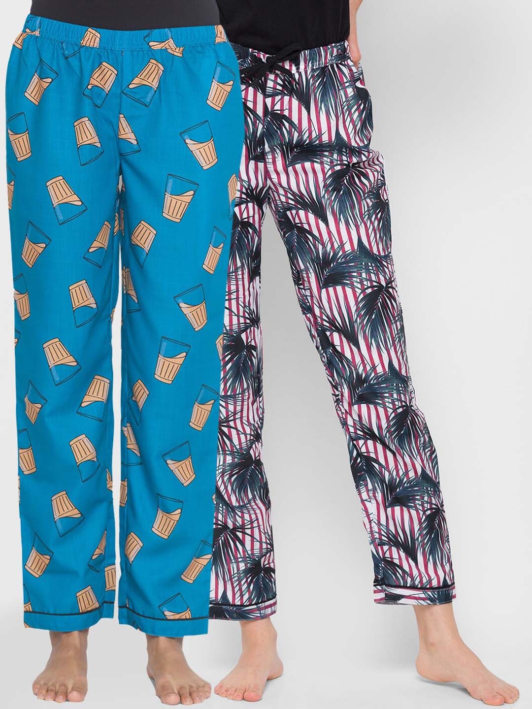 

FashionRack Women Pack of 2 Blue & Red Printed Cotton Lounge Pants