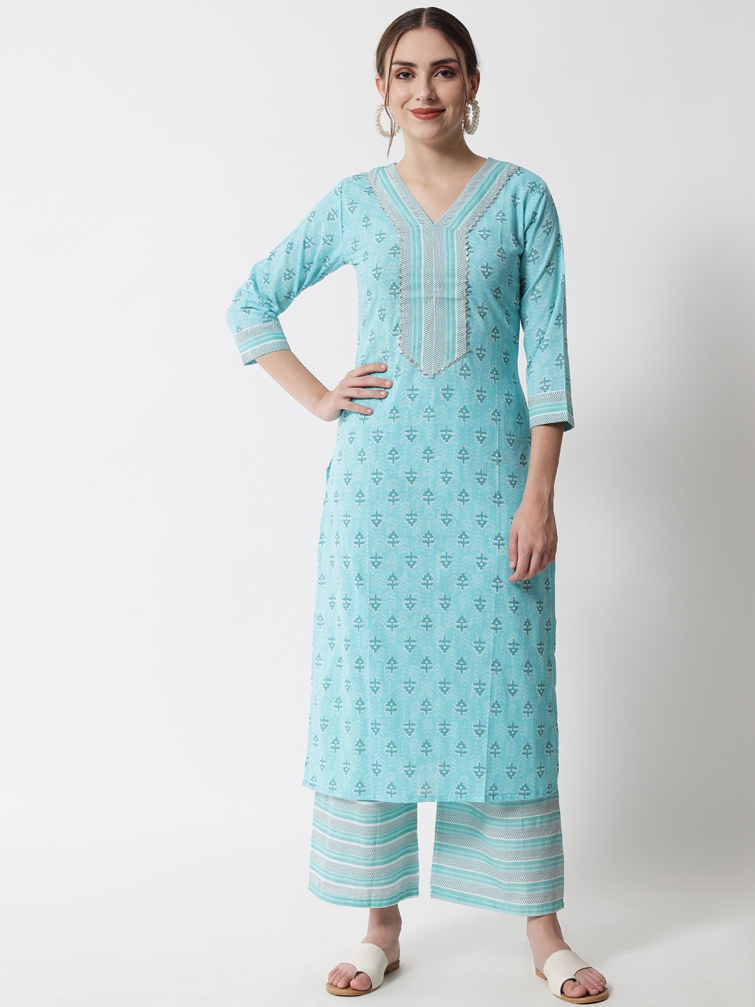 

VAANI CREATION Women Blue Ethnic Motifs Printed Pure Cotton Kurta with Palazzos