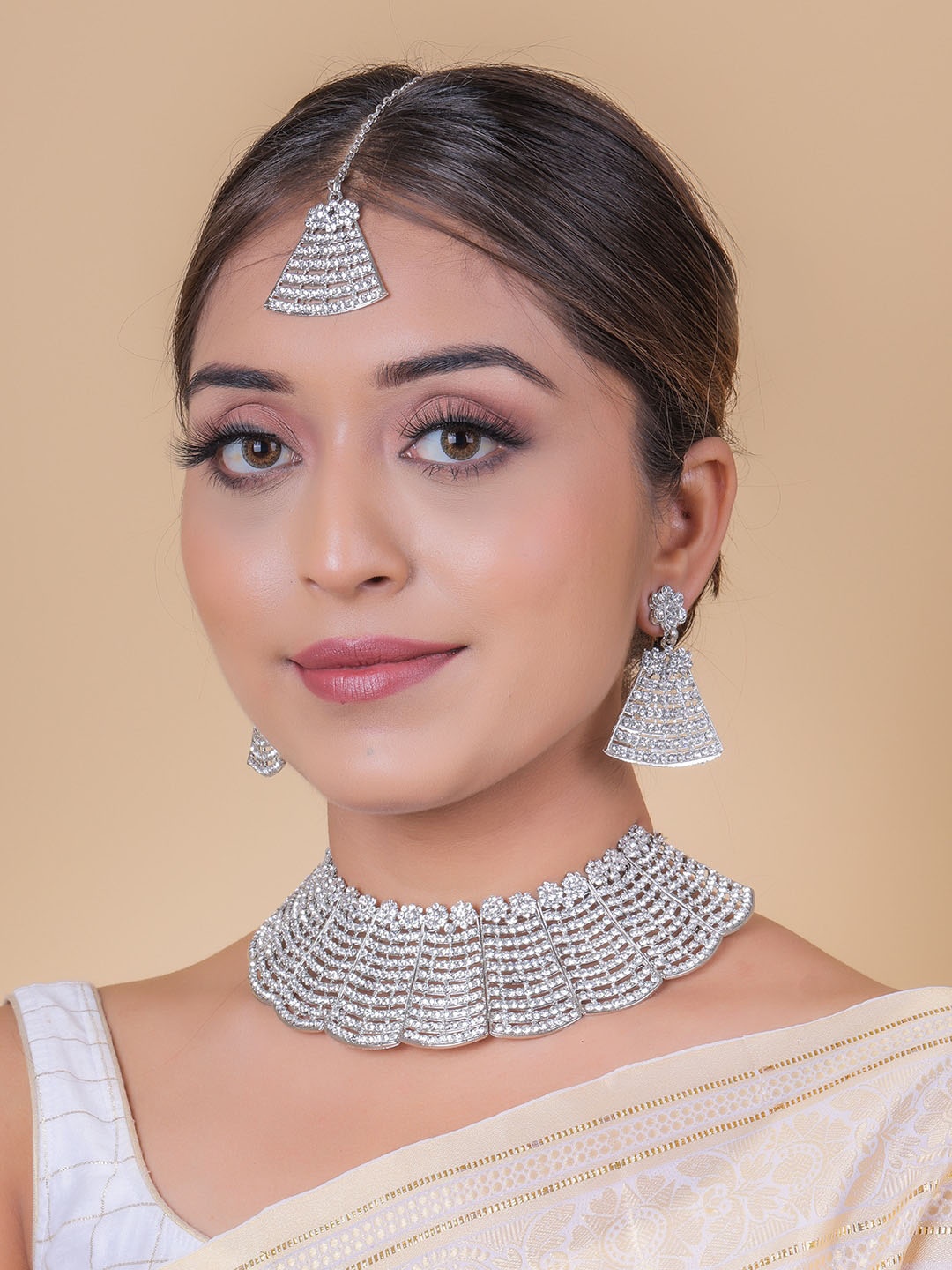

Brandsoon Women Silver-Plated White Stone Studded Jewellery Set