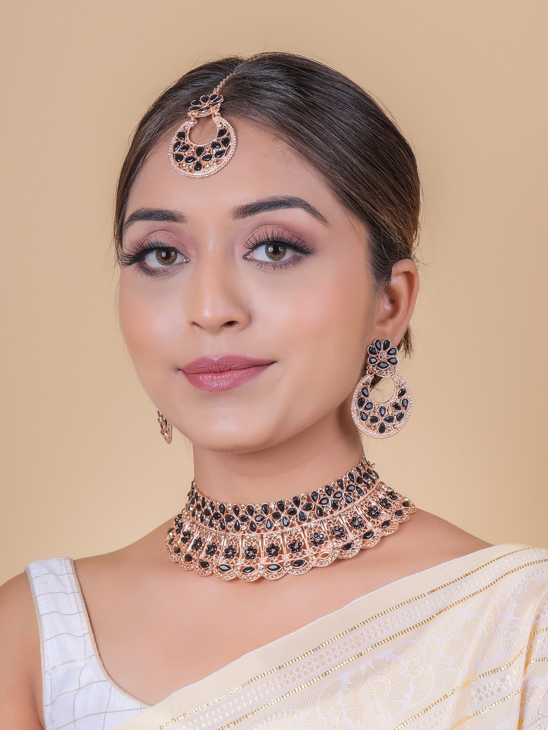

Brandsoon Rose Gold-Plated & Black American Diamond Studded Jewellery Set