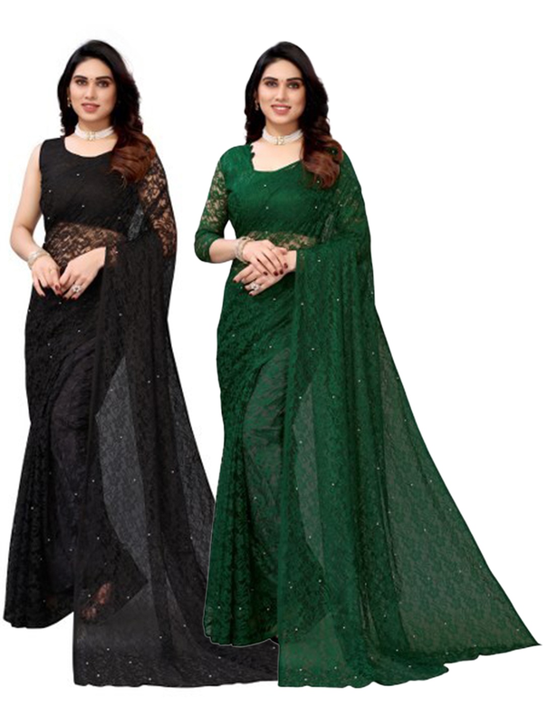 

Yashika Black & Green Floral Net Saree