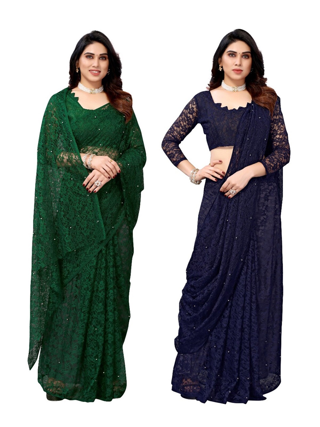 

Yashika Green & Navy Blue Pack of 2 Floral Embroidered Net Saree