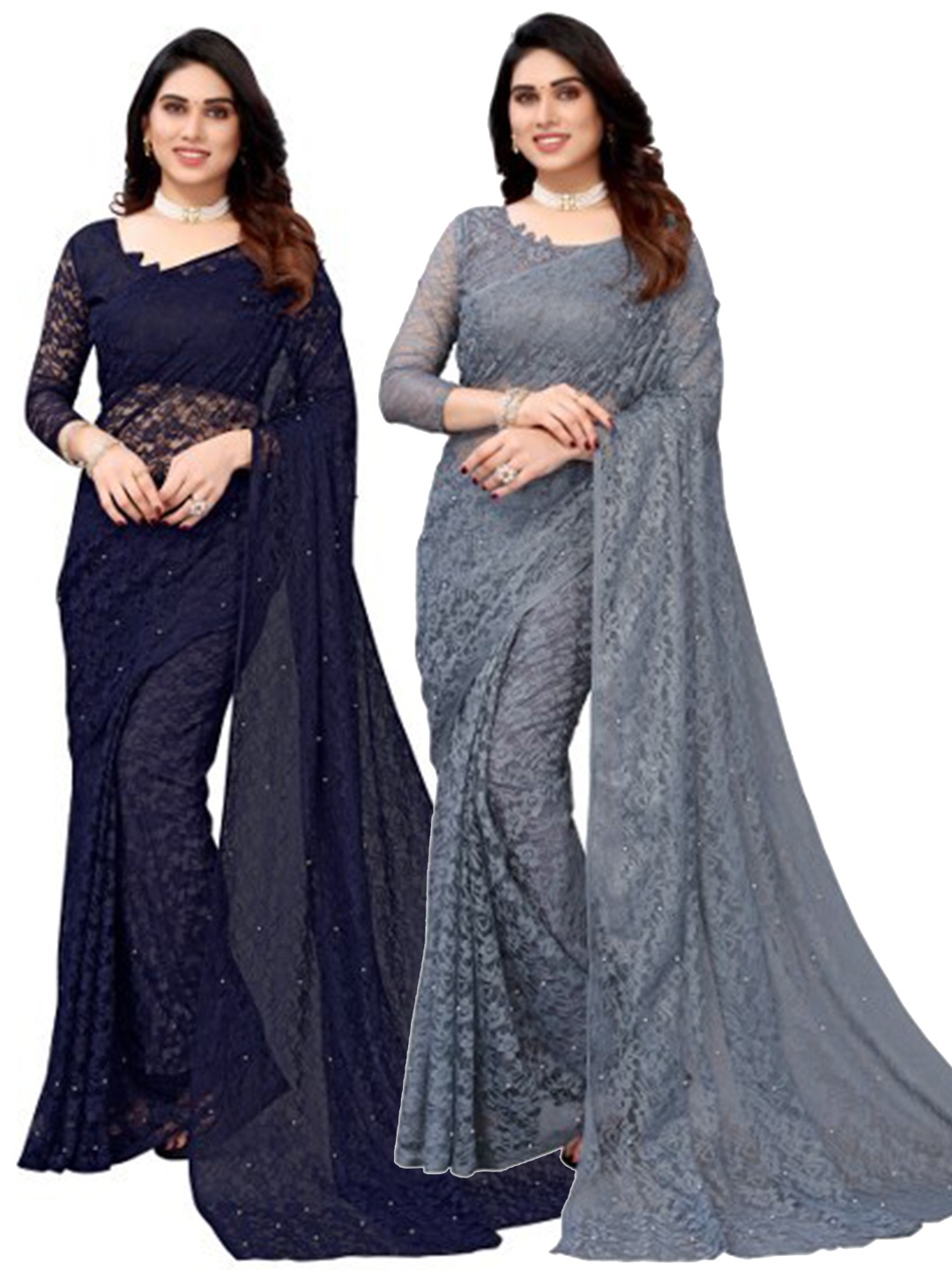 

Yashika Grey & Navy Blue Floral Net Saree