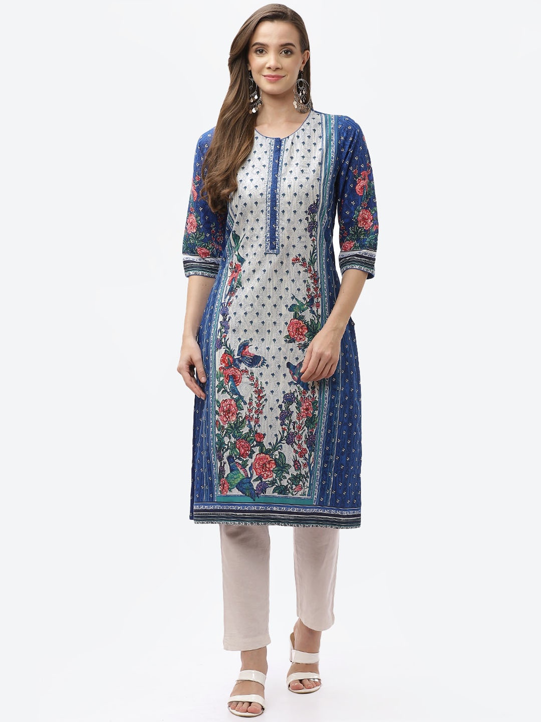 

Biba Women Blue & White Floral Printed Kurta