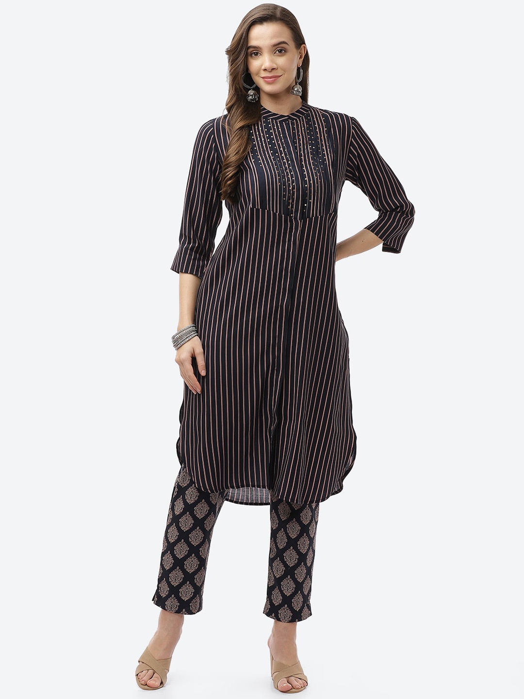 

Biba Women Navy Blue Striped Panelled Kurti with Trousers