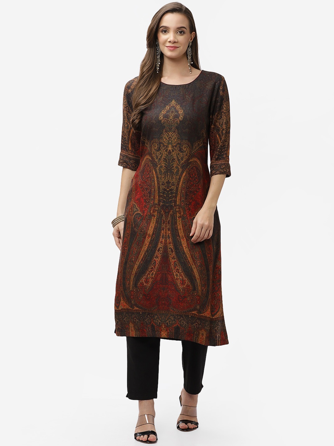 

Biba Women Charcoal & Red Ethnic Motifs Printed Kurta