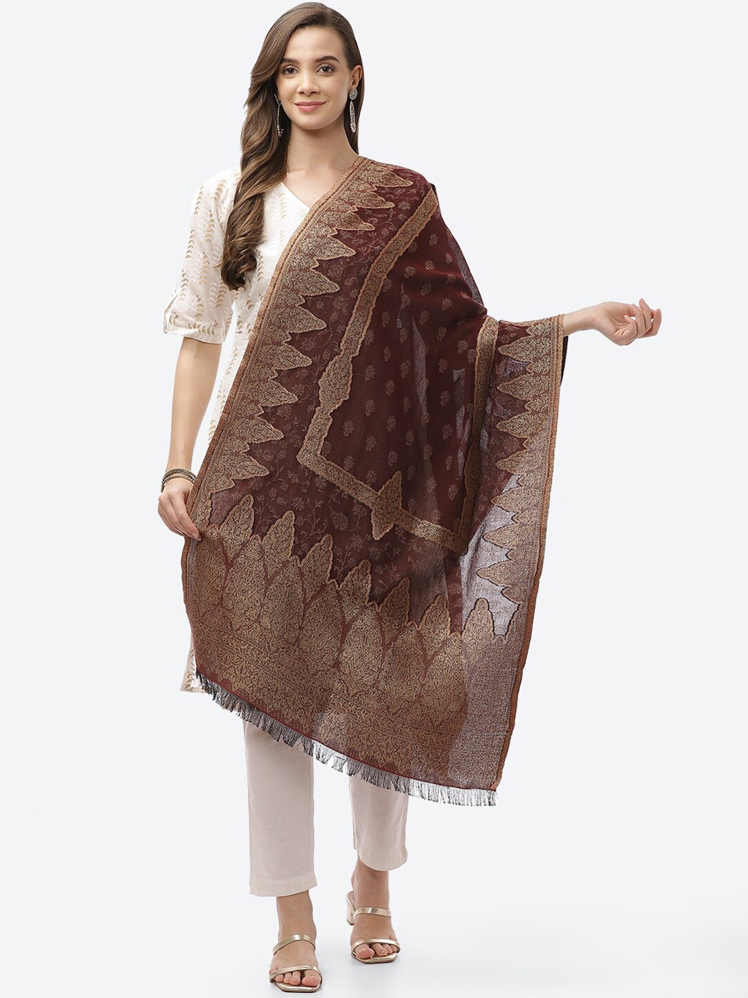 

Biba Maroon & Brown Ethnic Motifs Woven Design Dupatta