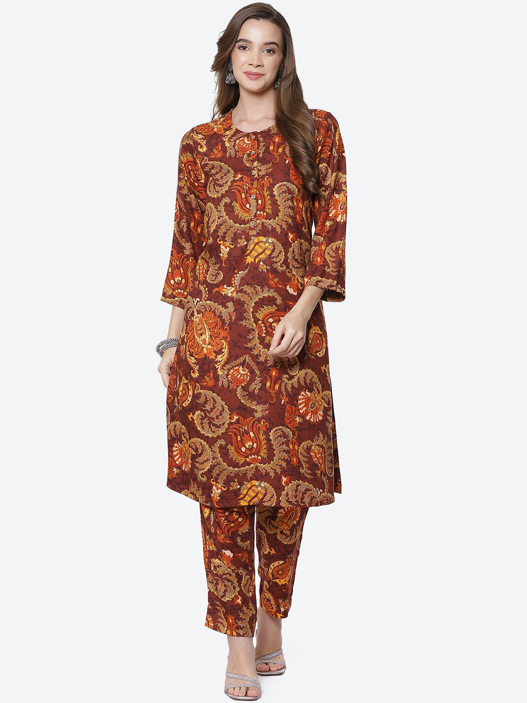 

Biba Women Brown Paisley Printed Kurti with Trousers
