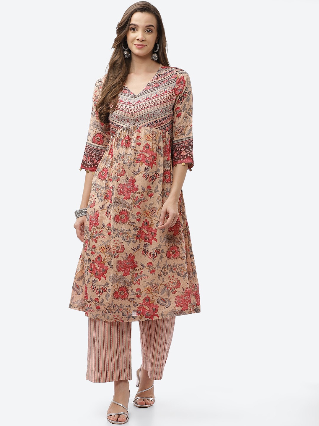 

Biba Women Plus Size Beige Floral Printed A-line Kurta with Palazzos