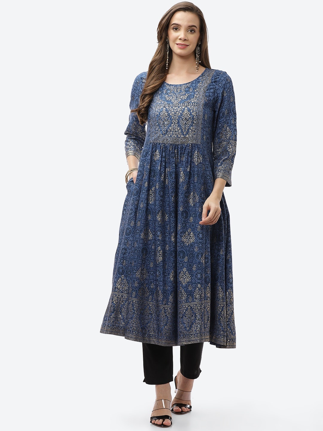 

Biba Women Blue Ethnic Motifs Printed Flared Sleeves Anarkali Kurta