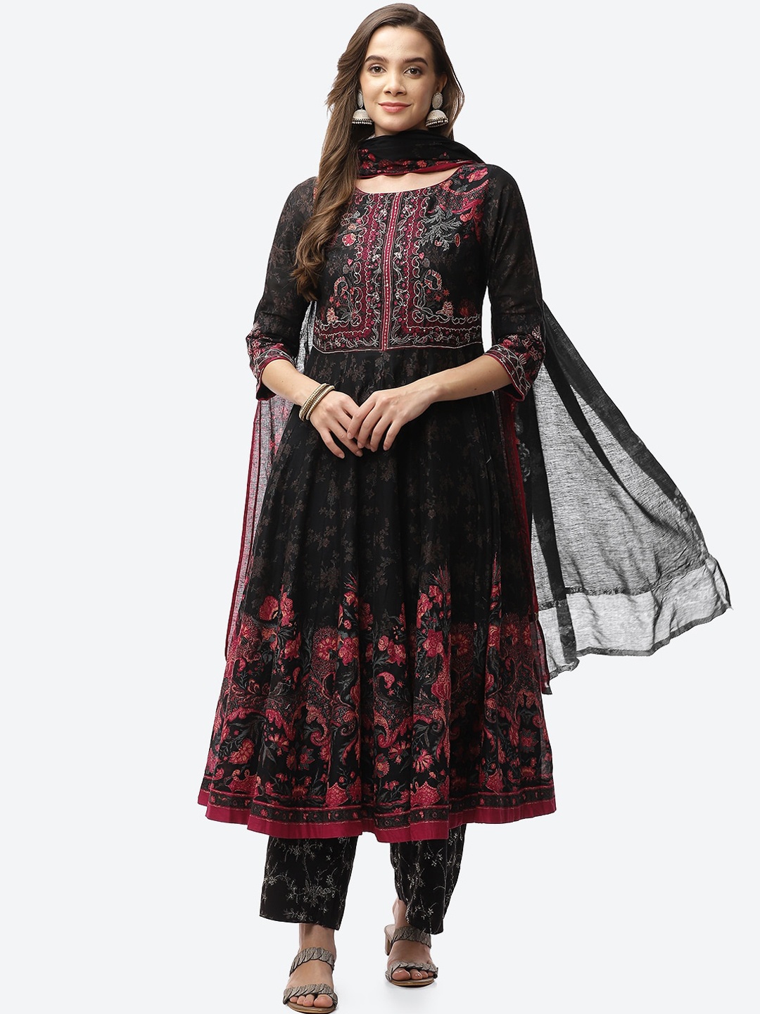 

Biba Women Black Ethnic Motifs Printed Empire Kurta with Trousers & With Dupatta