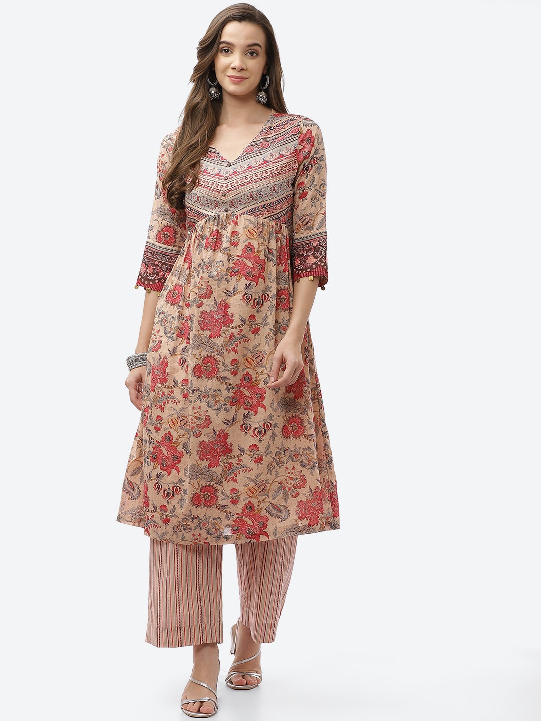 

Biba Women Beige Floral Printed Kurta with Palazzos