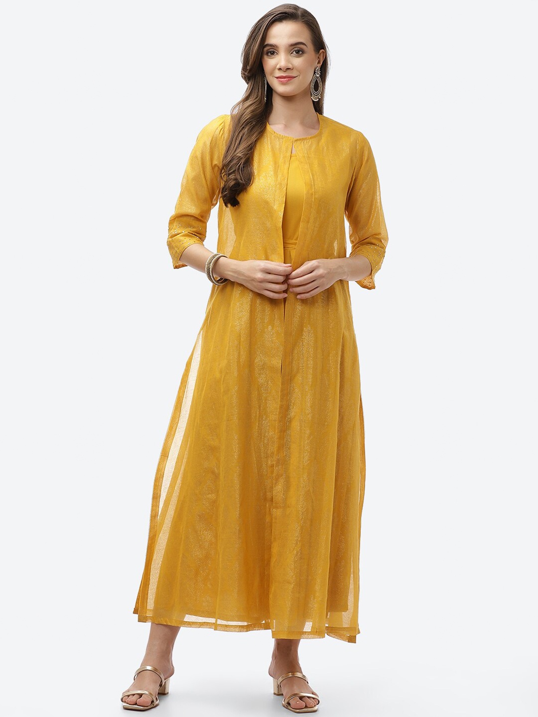 

Biba Mustard Yellow A-Line Maxi Dress with a cape