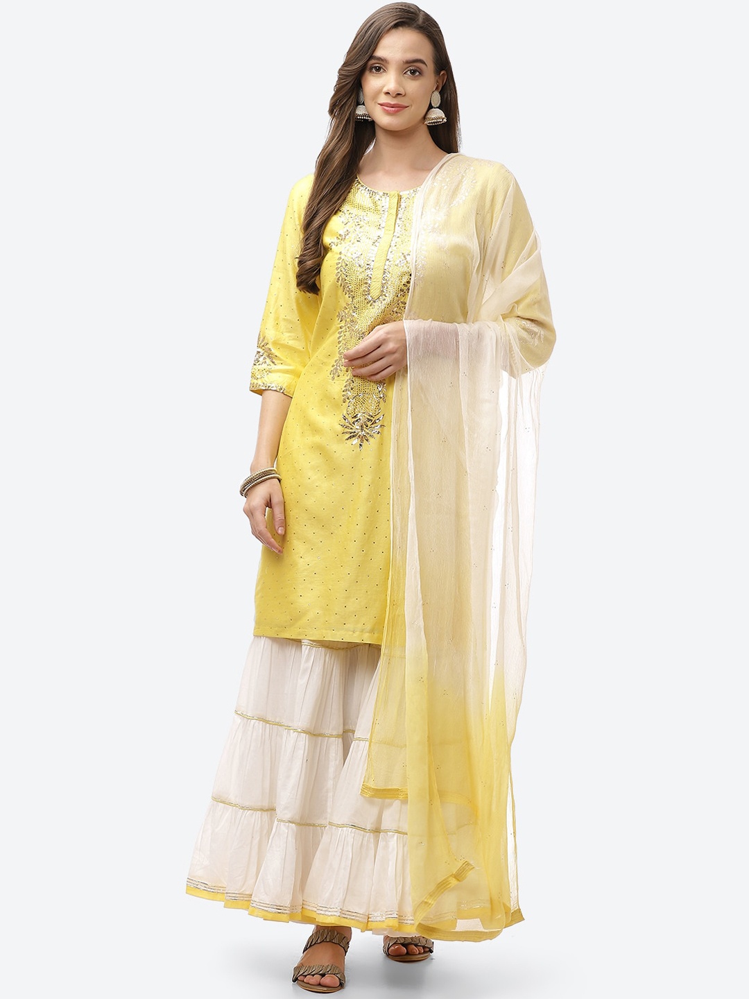 

Biba Women White Yellow Embroidered Chanderi Silk Kurta with Sharara & Dupatta