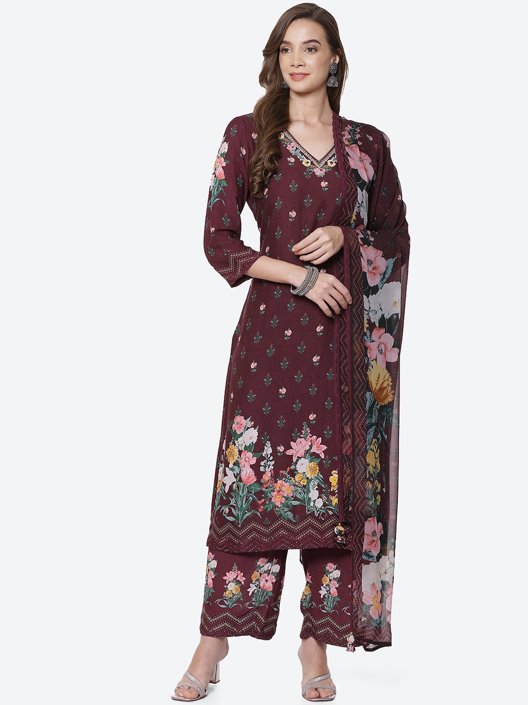 

Biba Women Burgundy Ethnic Motifs Printed Kurta with Palazzos & With Dupatta