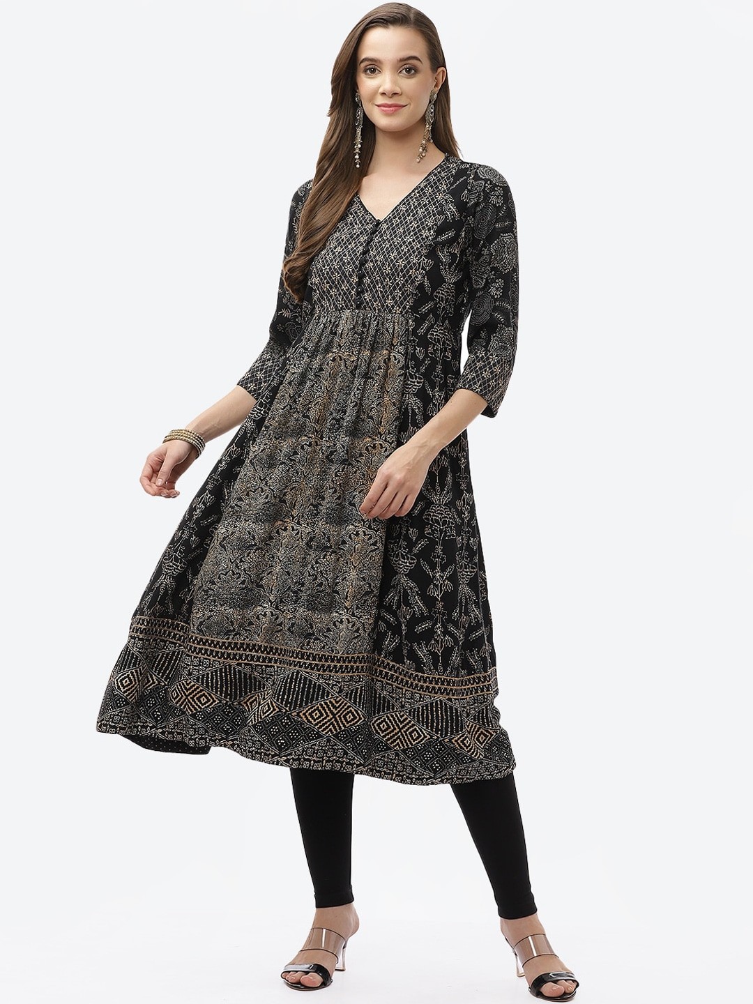 

Biba Women Black Ethnic Motifs Printed Mirror Work Anarkali Kurta