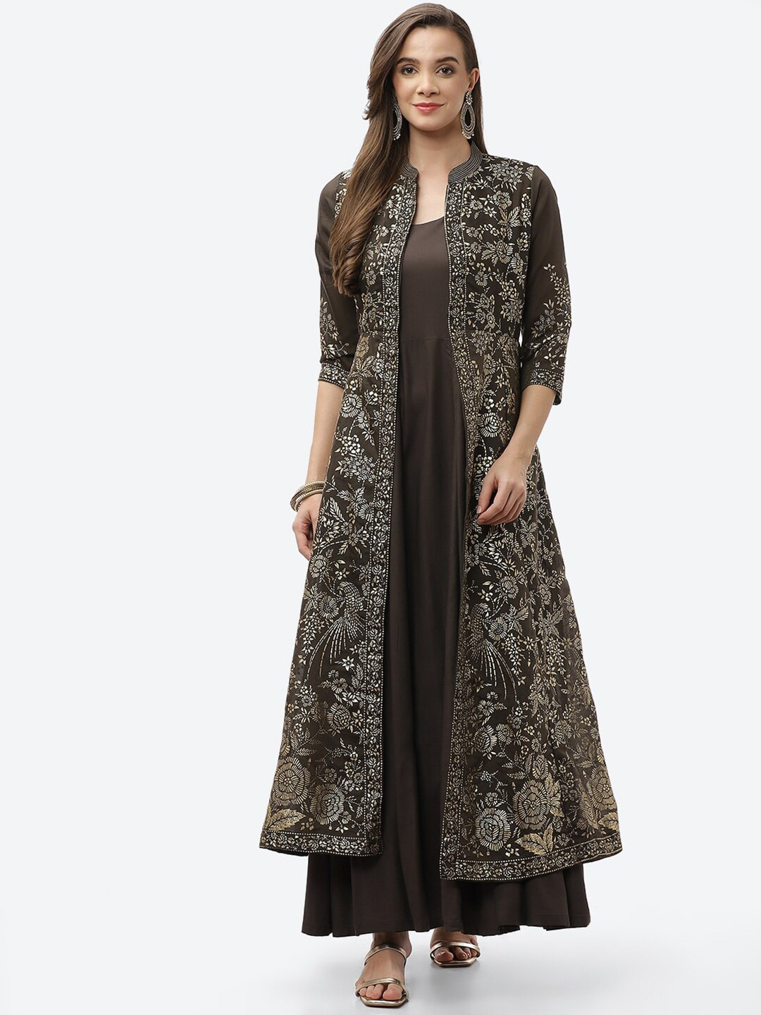 

Biba Coffee Brown & Off White Floral Maxi Dress