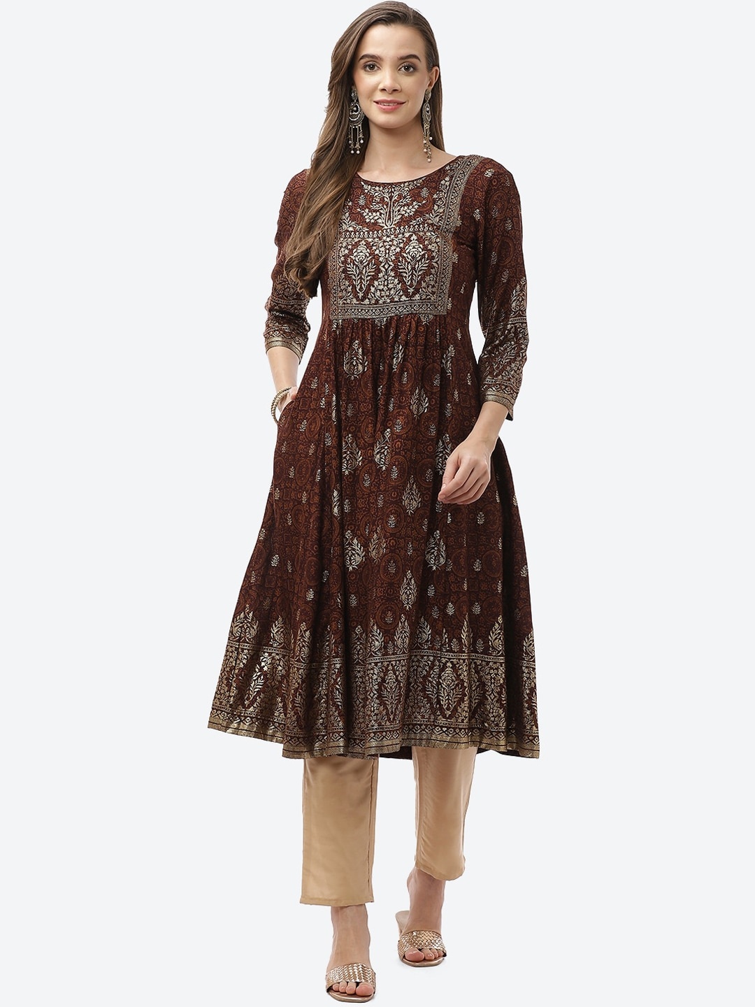 

Biba Women Brown & Gold-Toned Printed Thread Work Anarkali Kurta