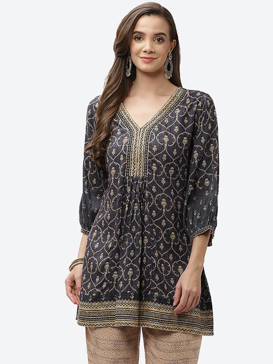 

Biba Navy Blue & Beige Ethnic Motifs Printed V-Neck Kurti