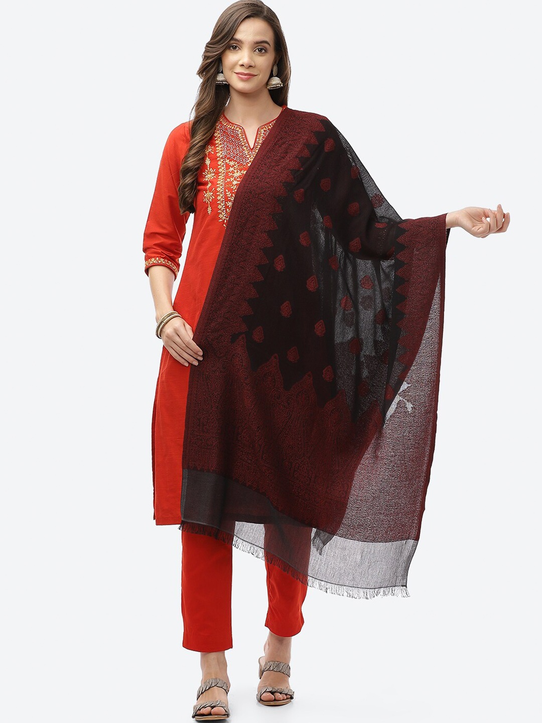 

Biba Black & Red Ethnic Motifs Woven Design Dupatta