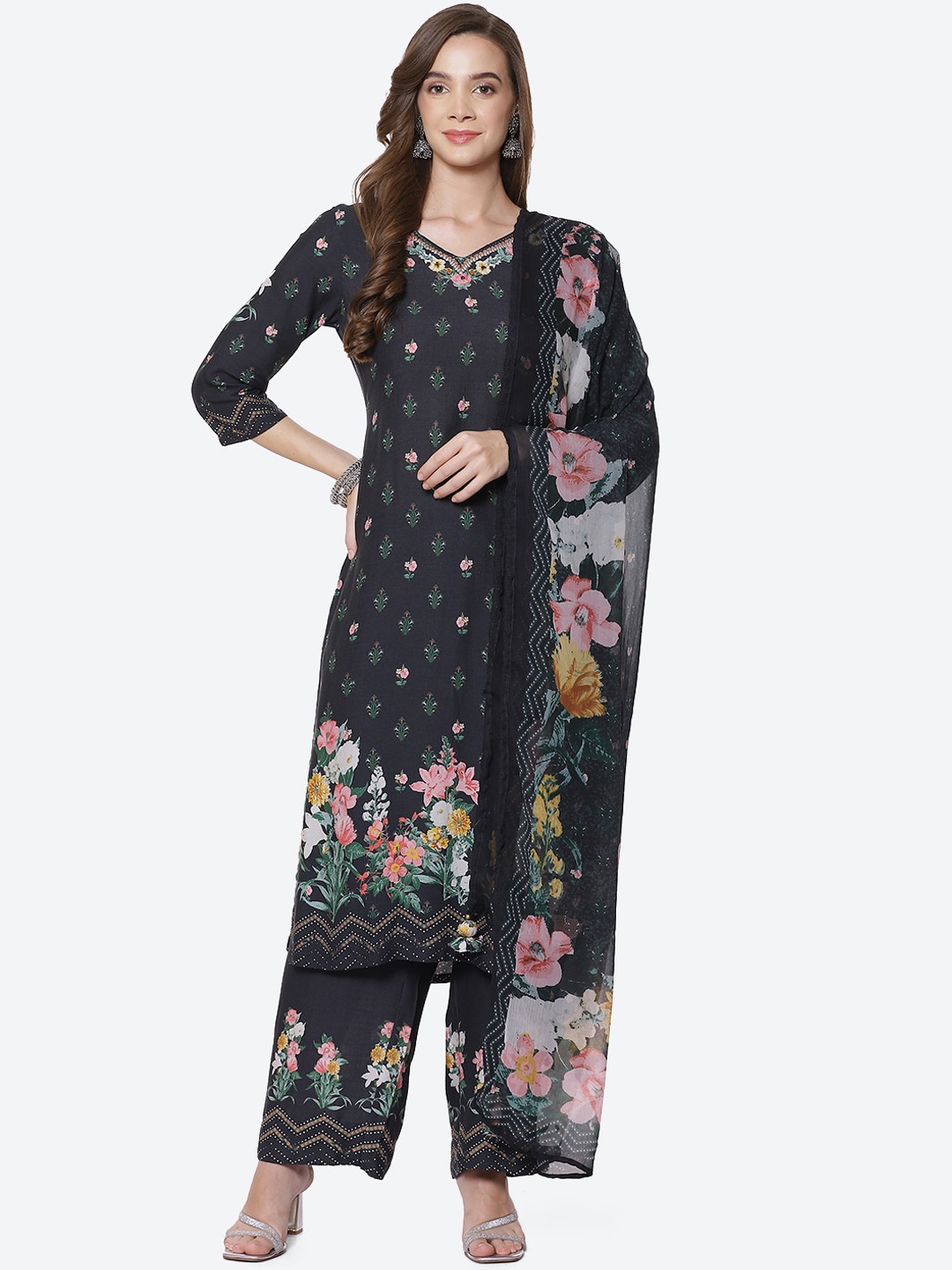 

Biba Women Black Floral Printed Kurta with Palazzos & With Dupatta