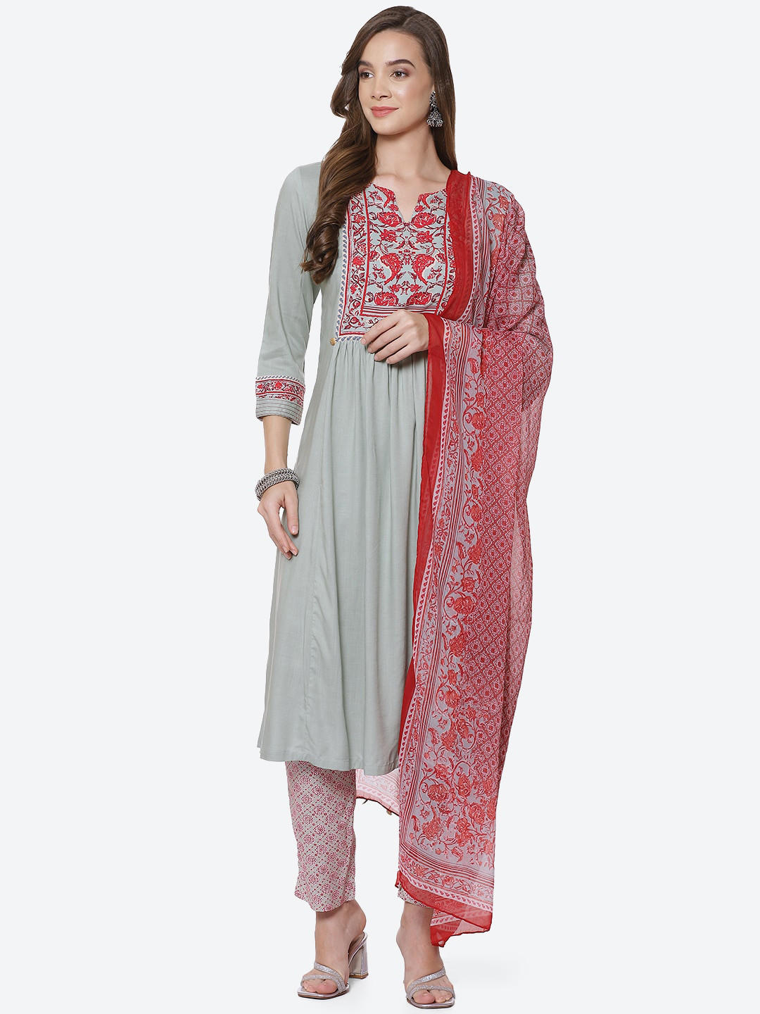 

Biba Women Sea Green & Red Floral Printed Panelled Kurta with Trousers & With Dupatta