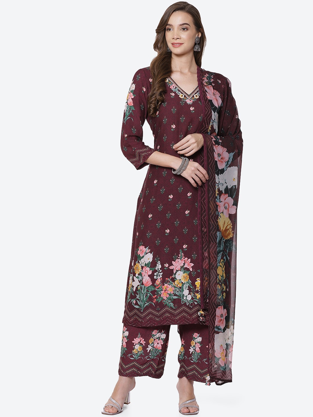 

Biba Women Burgundy Ethnic Motifs Printed Kurti with Palazzos & With Dupatta