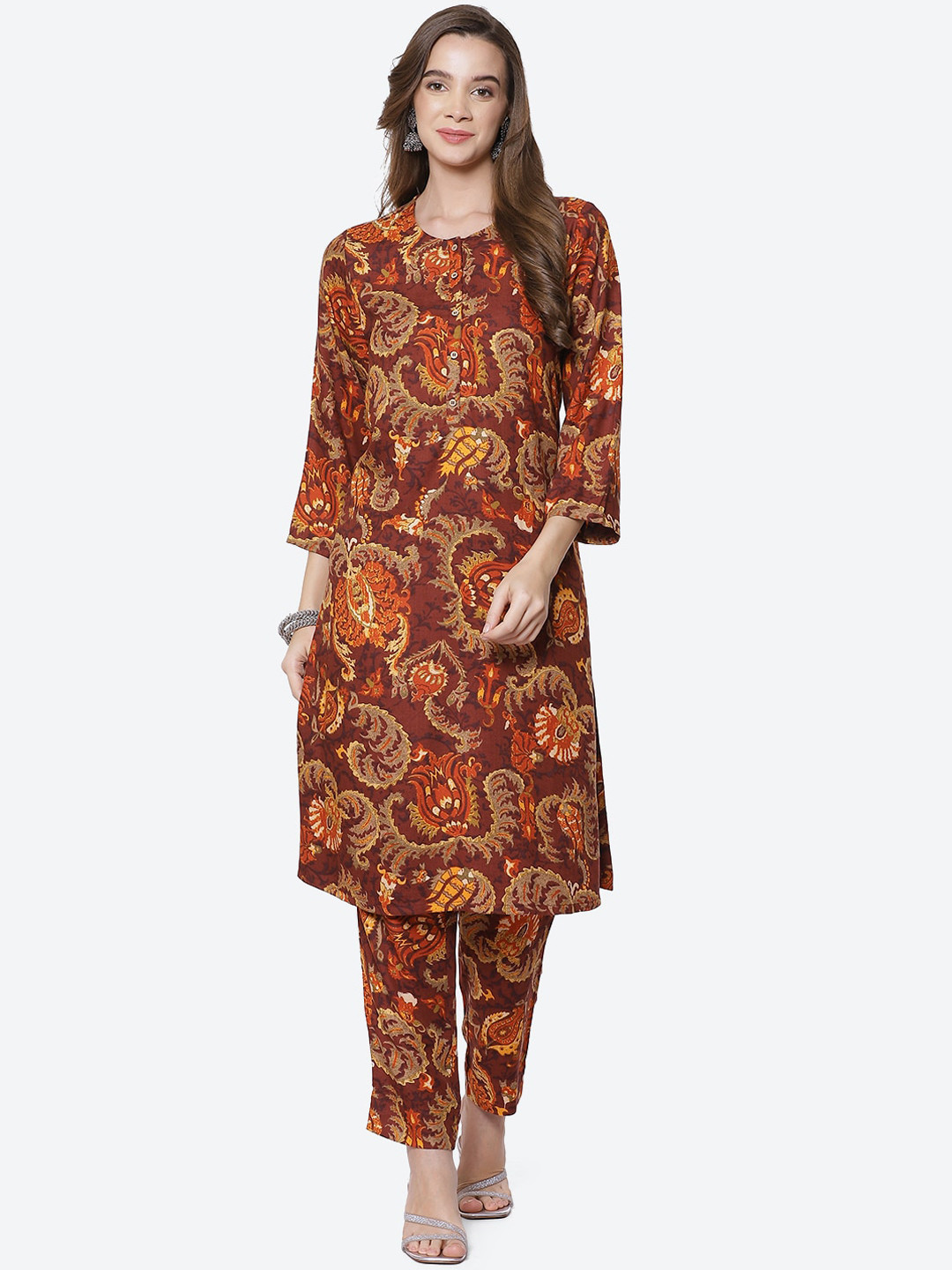 

Biba Women Brown Ethnic Motifs Printed Kurta with Trousers